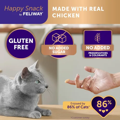 Miniatura 3 de Happy Snack de FELIWAY®, Golosinas lamibles y exprimibles en puréa para gatos para una rutina diaria de calma, hechas con pollo real, paquete de 12