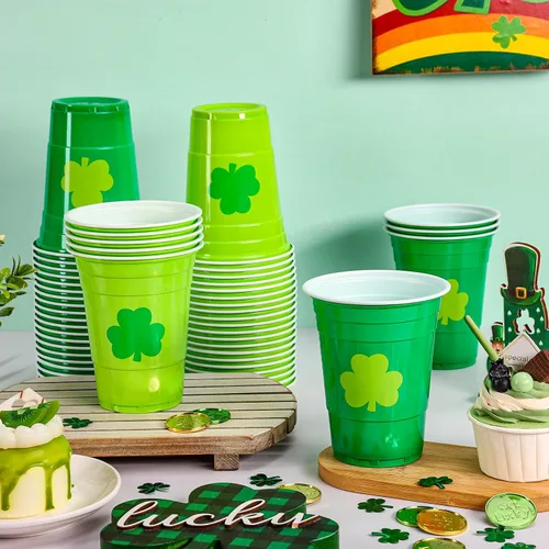Miniatura 4 de FYSUIMU 50 vasos de plástico del día de San Patricio de 16 onzas desechables con trébol verde, vasos apilables para fiestas irlandesas, suministros