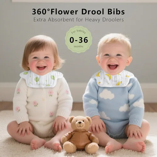 Miniatura 2 de Paquete de 8 baberos de algodón orgánico con rotación de 360°, baberos de muselina para recién nacidos para dentición y babeo, baberos unisex