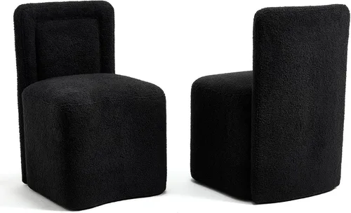 Hyfirm Juego de 2 sillas de comedor tapizadas negras, sillas escandinavas Parsons sin brazos de tela Boucle con cojín de asiento de felpa para