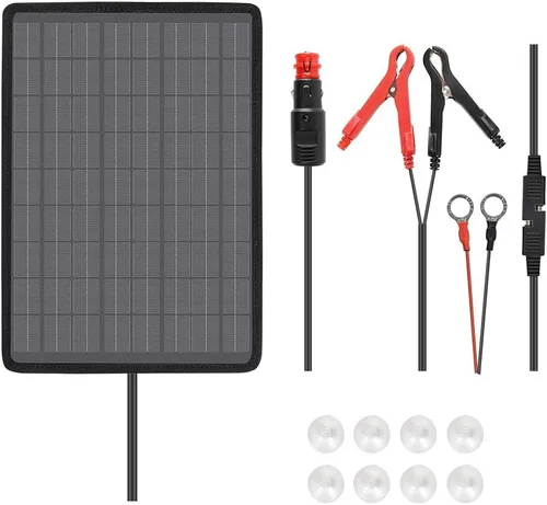 Renogy Cargador solar de 10 W con enchufe de encendedor, pinzas lagarto, cables de batería para automóvil, barco, motocicletas, camiones