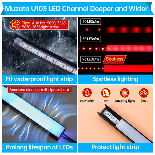 Miniatura 4 de Muzata Paquete de 10 unidades de 6.6 pies/6.6 ft con sistema de canal LED negro en forma de U con cubierta de difusor blanco lechoso esmerilado
