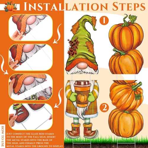 Miniatura 4 de Umigy 3 piezas de gnomo de otoño para decoración de patio con estacas de 32 x 10 pulgadas, decoración de jardín de otoño exterior para el hogar