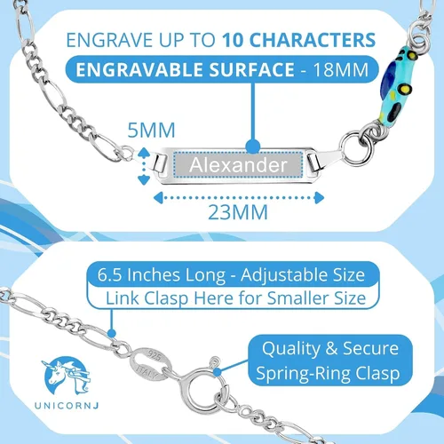 Miniatura 2 de UNICORNJ 925 Italy Sterling Silver Child or Baby Name Bracelet Girls Boys, Personalized Engraved Kids ID Bracelets, 6.5" Figaro Chain, Enamel Charm