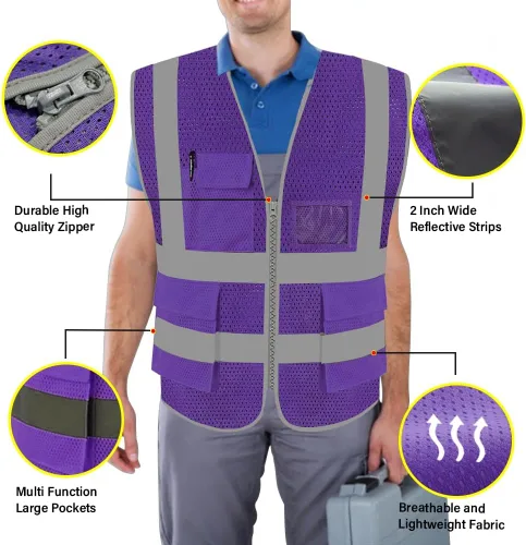Miniatura 3 de FEimaX Chaleco de seguridad de alta visibilidad, chaleco de trabajo reflectante de malla para hombres y mujeres con bolsillos y cremallera, cumple