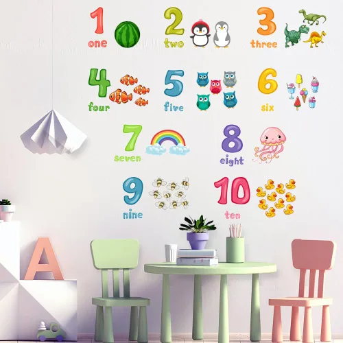 ALIBBON Calcomanías de pared con números de animales para niños, calcomanías de alimentos, calcomanías de pared extraíbles para niños, calcomanías