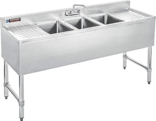 DuraSteel Fregadero de 3 Compartimentos Bajo Barra - CEC y NSF 304 Acero Inoxidable Fregadero Utilitario de 3 Bahías con Grifo Sin Plomo - 60" L x