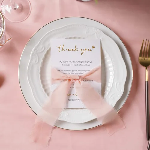 Miniatura 5 de HUIHUANG Tarjetas de agradecimiento de boda con cinta de gasa rosa, para recuerdos de boda, recepciones, fiestas, eventos y celebraciones, paquete