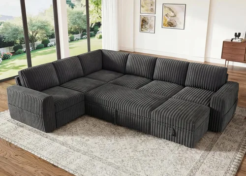 Miniatura 20 de HONBAY - Sofá seccional modular con cama desplegable, sofá en forma de L de pana con almacenamiento, sofás seccionales para sala de estar, verde