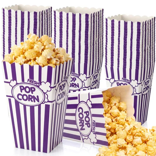 Miniatura 9 de Xinnun 100 piezas Cajas de palomitas de maíz 32 oz Cubos de papel clásicos con rayas desechables a prueba de aceite Caja abierta retro para Azul