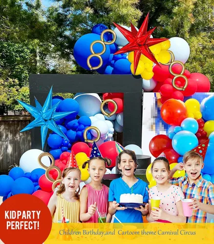 Miniatura 5 de KOZEE Kit de arco de guirnalda de globos rojos, azules y amarillos, 140 unidades, color primario con globos de estrella para caricaturas, carnaval