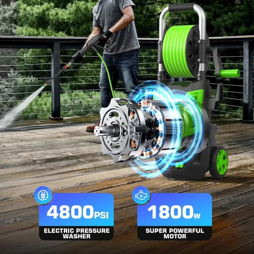Miniatura 5 de Lavadora a presión eléctrica de 4800 PSI, lavadora de alta potencia de 3.8 GPM con carrete de manguera de 33 pies, 4 puntas de pulverización y Verde