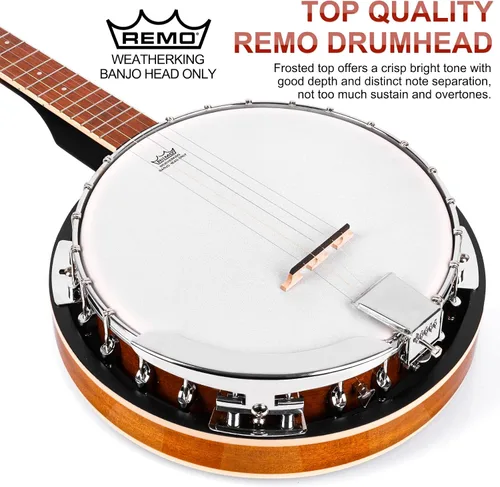Miniatura 4 de Vangoa Banjo - Kit de 5 cuerdas para principiantes, tamaño completo, cabeza Remo, 24 soportes, espalda abierta, juego de banjo con resonador