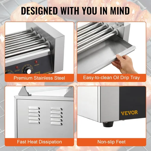 Miniatura 6 de VEVOR Parrilla giratoria para perritos calientes con 5 rodillos y capacidad para 12 perritos calientes, máquina de cocción de salchichas de 750W