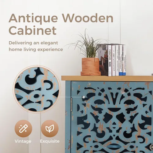 Miniatura 7 de MAISON ARTS Gabinete de Acento Pequeño con Una Puerta, Gabinete de Almacenamiento Calado Mesa Lateral Envejecida con Patas de Madera Sólida para Azul