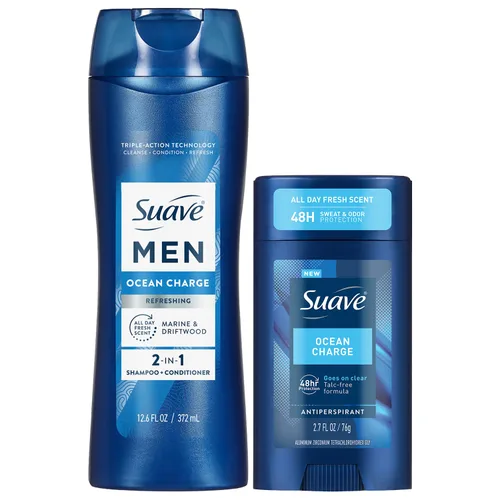 Suave Champú y acondicionador 2 en 1 para hombre, Ocean Charge + desodorante antitranspirante para hombres, Ocean Charge, protección contra el sudor