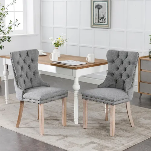 Miniatura 10 de Juego de 2 sillas de comedor, sillas decorativas de tela de lino con patas de madera maciza, ribete de cabeza de clavo de cobre, tirador de anillo