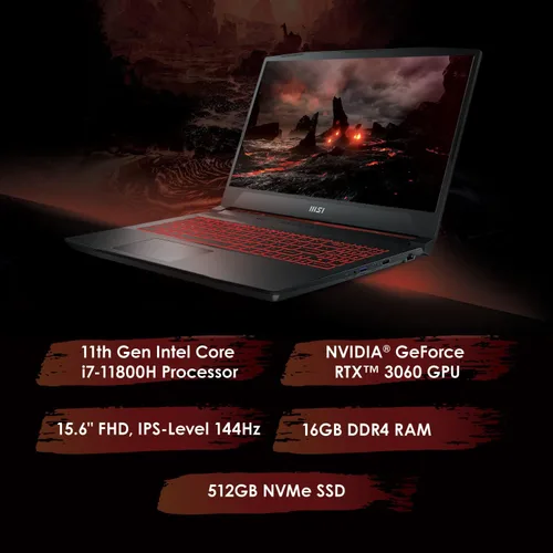 Miniatura 2 de MSI Katana GF66 15.6" 144Hz 3ms FHD Laptop para juegos Intel Core i7-11800H RTX 3060 16GB 512GB NVMe SSD Win11 (11UE-617)