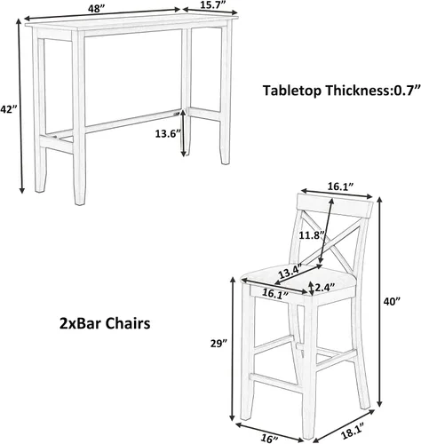 Miniatura 7 de P PURLOVE Juego de mesa de bar de 3 piezas, mesa de comedor de cocina rústica de altura de barra para 2, mesa de comedor rectangular con 2 sillas