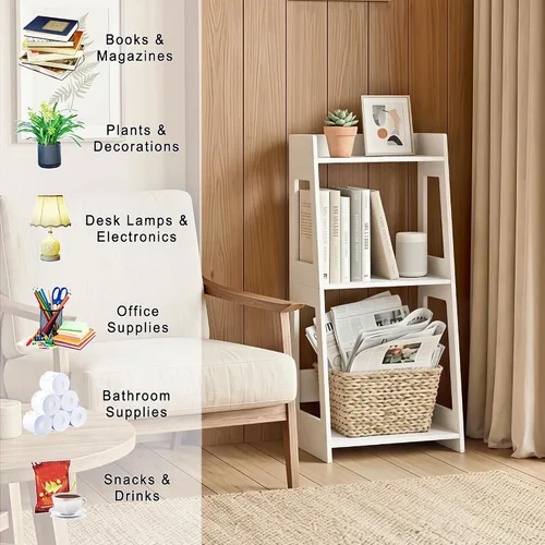 Miniatura 7 de Estante de escalera de baño de 3 niveles independiente, estantes de piso blancos, estantería abierta, mesita de noche pequeña para estudio