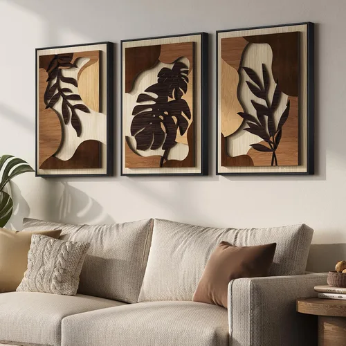 Miniatura 3 de Arte de pared de madera 3D con textura bohemia 3D para dormitorio, 3 piezas de arte de madera tallada botánica tropical para paredes, hoja de Marrón