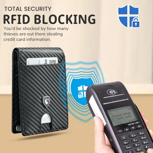 Miniatura 6 de GSOIAX Billetera delgada para hombre con bloqueo RFID, carteras plegables para hombre, minimalista, cuero auténtico, fibra de carbono, clip