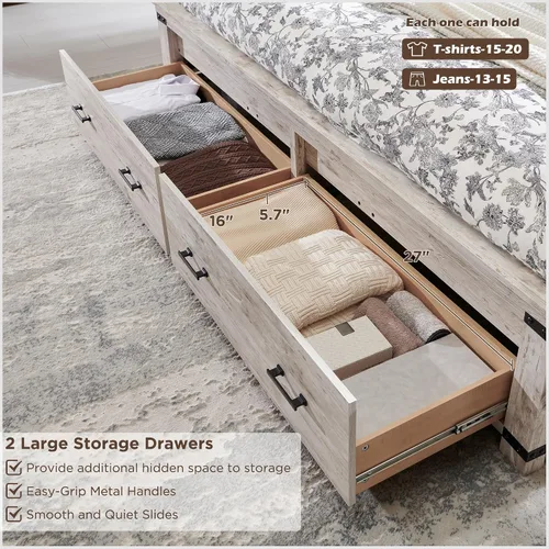 Miniatura 5 de RedLemon - Marco de cama de estilo granja Queen con cabecera geométrica de 137 cm de altura, cama de plataforma de madera rústica con 2 cajones