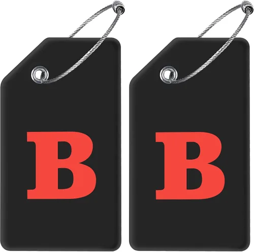 Paquete de 2 etiquetas iniciales para equipaje, etiquetas de silicona para maletas con tarjeta de identificación de privacidad y lazo de metal para