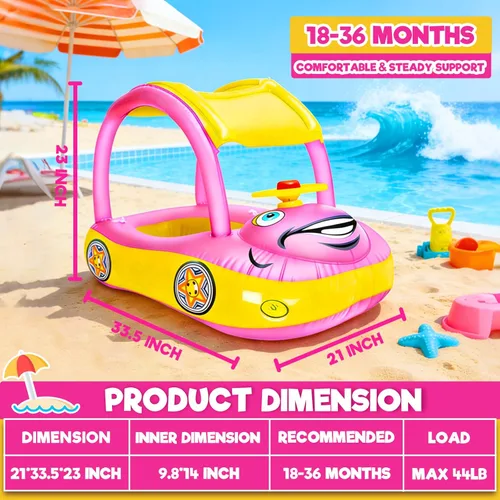 Miniatura 5 de iGeeKid Flotador inflable de piscina para bebé con toldo, asiento de seguridad para bebé, flotadores de natación en forma de automóvil, flotadores