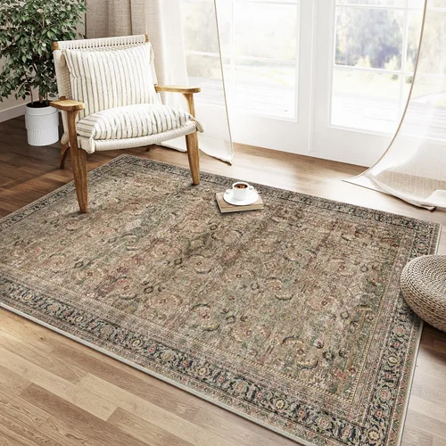Miniatura 48 de Alfombra de área marrón lavable de 2 x 3 pies, alfombra vintage para entrada y cocina, antideslizante, suave, de pelo bajo desgastado, alfombra