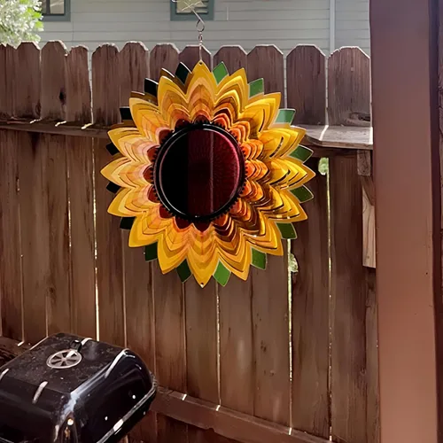 Miniatura 3 de Molinillo de viento para patio, decoración de jardín, esculturas de metal de acero inoxidable 3D, girasol, cinético colgante, decoración de patio