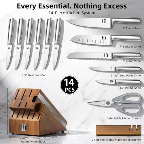 Miniatura 2 de Juego de bloque de cuchillos KnifeSaga con afilador de dos etapas, 14 piezas Cuchillos de cocina japoneses de acero inoxidable ultra afilados