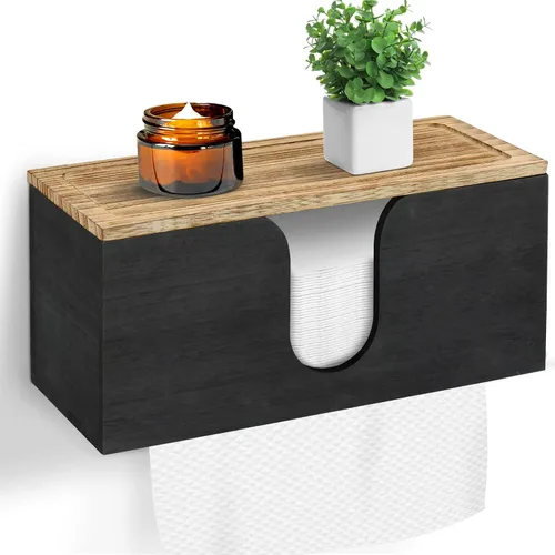 Miniatura 8 de Paquete de 2 dispensadores de toallas de papel de madera maciza montados en la pared, soporte de toalla de papel plegado con tapa, plegable en C
