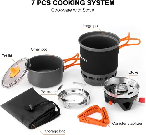 Miniatura 2 de Odoland Olla de intercambio de calor para acampar con estufa de mochilero 7 en 1, kit de utensilios de cocina para campamento, senderismo