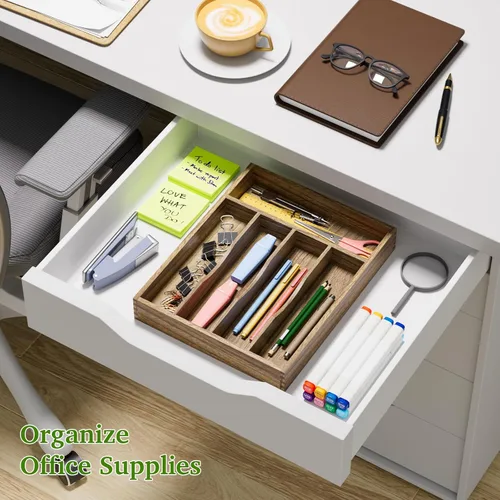 Miniatura 4 de Kiasthome Organizador de Cajón de Cubiertos de Madera de Acacia, Organizador de Cajón de Utensilios de Cocina con Divisores Ranurados, Organizador