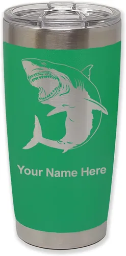 Miniatura 37 de LaserGram Vaso aislado al vacío de 20 onzas, gran tiburón blanco, grabado personalizado incluido (negro)