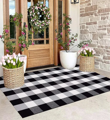 Miniatura 28 de Felpudo en capas blanco y negro de 24"x35" a cuadros búfalo de algodón lavable a máquina para porche delantero, cocina, casa de campo, entrada, baño