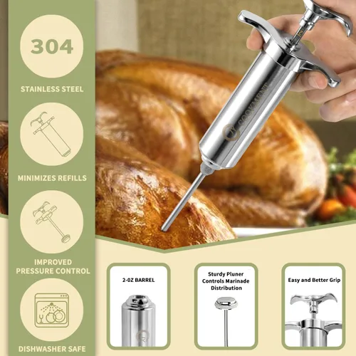 Miniatura 7 de Jeringa Inyectora de Carne de 2 Onzas Barril de Sabor de Adobo Acero Inoxidable 304 con 3 Agujas de Adobo, Estuche de Viaje para Parrilla BBQ