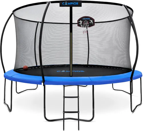 Miniatura 12 de Trampolín de calabaza con aro de baloncesto y recinto interior, seguro, duradero, diversión familiar, resortes galvanizados resistentes, acolchado