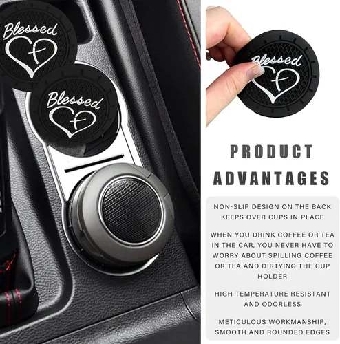 Miniatura 5 de Dickno 2 piezas posavasos para portavasos de automóvil, 2.76 pulgadas, diseño de cruz bendita y corazón, tapete de bebida cristiana de PVC suave