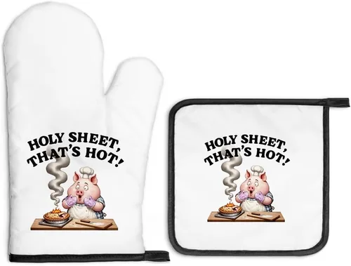 Miniatura 20 de Always Use Protection - Juego de guantes de horno y soportes para ollas, divertidos guantes de cocina retro para panaderos, regalos de inauguración