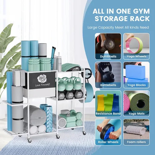 Miniatura 3 de Estante de Almacenamiento para Esterilla de Yoga, Estante de Almacenamiento para Gimnasio en Casa, Organizador de Almacenamiento de Equipo de Beige