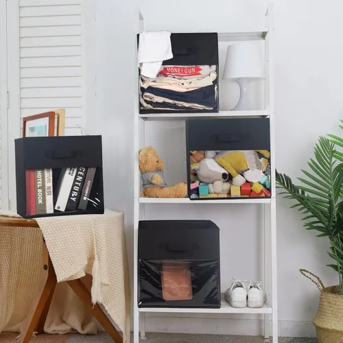 Miniatura 4 de Paquete de 4 cubos de almacenamiento con ventana transparente, cajas grandes con asas, organizador de armario de tela, 13 x 13 x 13 pulgadas