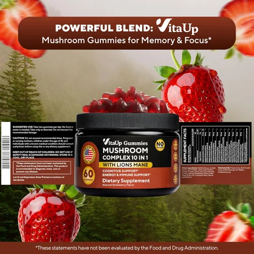 Miniatura 9 de VitaUp Gomitas de hongos para adultos – Suplemento de hongos 10 en 1 fabricado en Estados Unidos – Complejo de hongos con melena de león, cordyceps