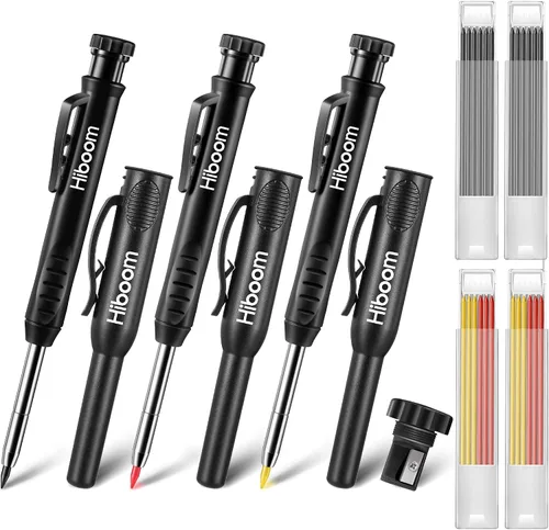 Hiboom Juego de 3 lápices de carpintero con 24 recambios (Rojo, Negro, Amarillo), lápiz de construcción de 2,8 mm de alta resistencia con sacapuntas