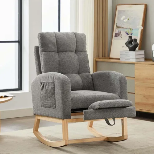 Miniatura 14 de Mecedora de lactancia de 40 pulgadas, sillas de guardería con reposapiés ajustable, respaldo alto, sillón tapizado con bolsillos laterales, mecedora