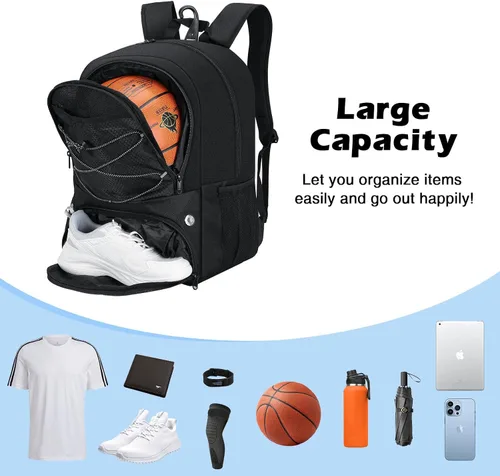 Miniatura 2 de MoKo Mochila de baloncesto con gancho, mochila grande de voleibol y fútbol, bolsa de gimnasio con compartimentos separados para pelotas y zapatos