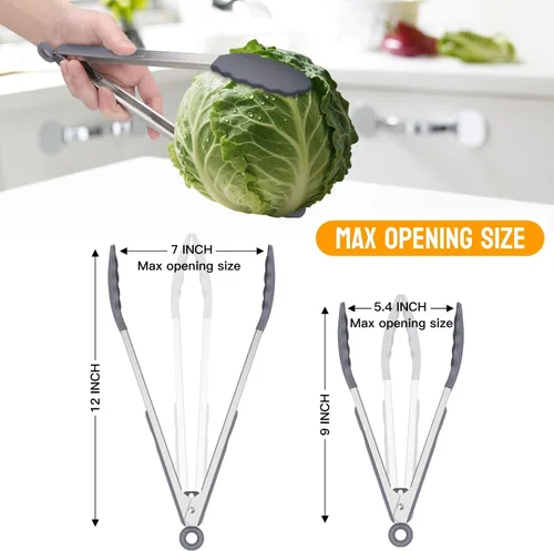 Miniatura 3 de HOTEC Pinzas de Cocina Premium de Acero Inoxidable con Bloqueo con Puntas de Silicona, Juego de 2-9" y 12" Gris Claro Paquete de 2: gris claro