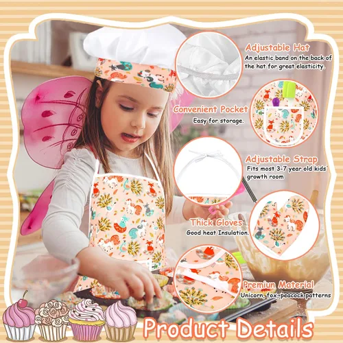 Miniatura 4 de KAEGREEL Juego de chef para hornear para niños con delantal de unicornio y manopla, 26 juguetes de cocina para niños, juego de cocina con sombrero