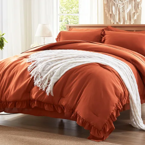 Miniatura 13 de Anluoer - Juego de cama individual con edredón de 5 piezas, rosa en una bolsa con sábanas, juego de ropa de cama de todos los días con volantes